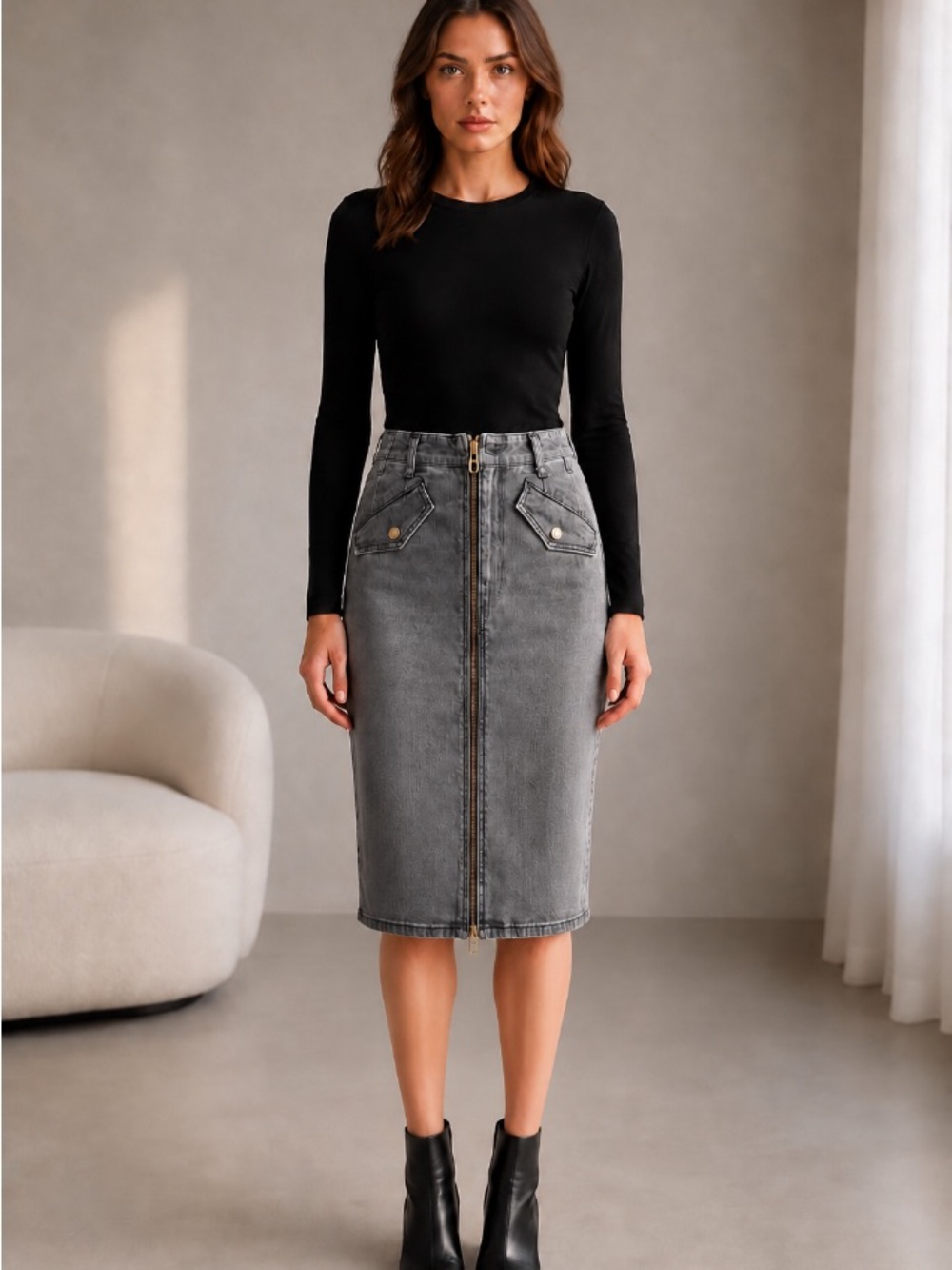 Grey Denim Midi Pencil Skirt with Front Zip